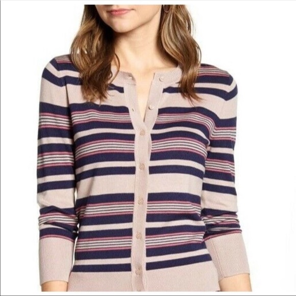 Halogen Small Stripe Cardigan Sweater Lightweight Pink Dusty Rose Button Front - Picture 7 of 7